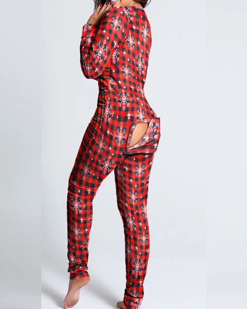 Sexy Pyjama Women's Jumpsuit Suit Button-down Front Back Butt Bum open Ass Flap Jumpsuit Loungewear Christmas Print Buttoned