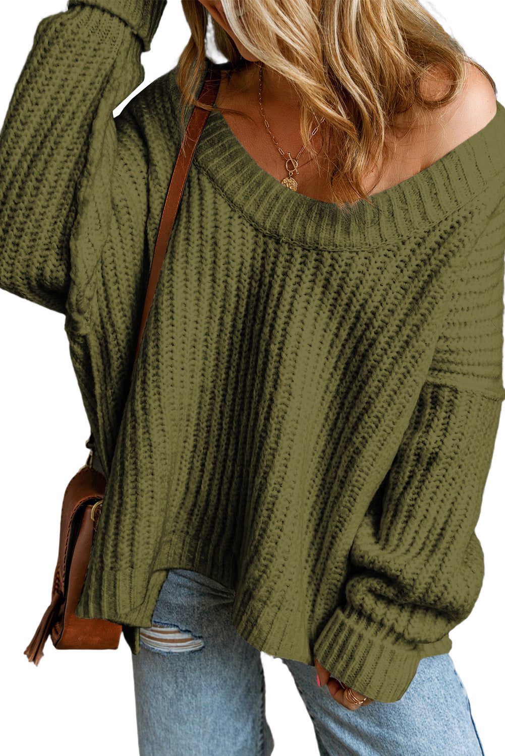 Khaki Ribbed Knit Round Neck Slouchy Chunky Sweater