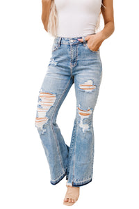 Sky Blue Light Wash Distressed High Rise Flare Jeans