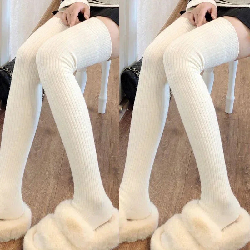 Women Soft Wool Long Socks Autumn Winter Cashmere Solid Knitted Stocking Skinny Casual Knee High Fluffy Warm Thicken Girls Socks