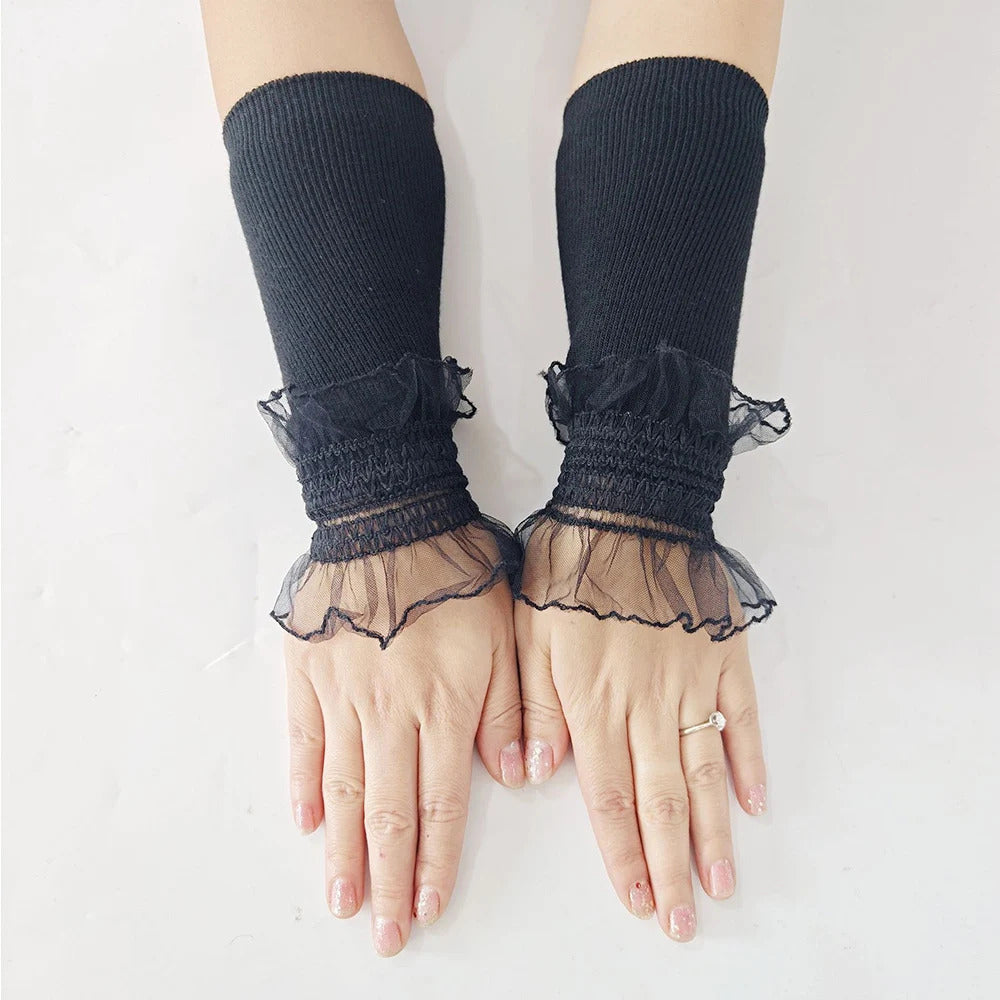 Women Lace Ruffles Cuff Elbow Sleeve Spring Autumn Detachable Fake Sleeve Arm Covers Solid Color Arm Cover Sweater Decorative