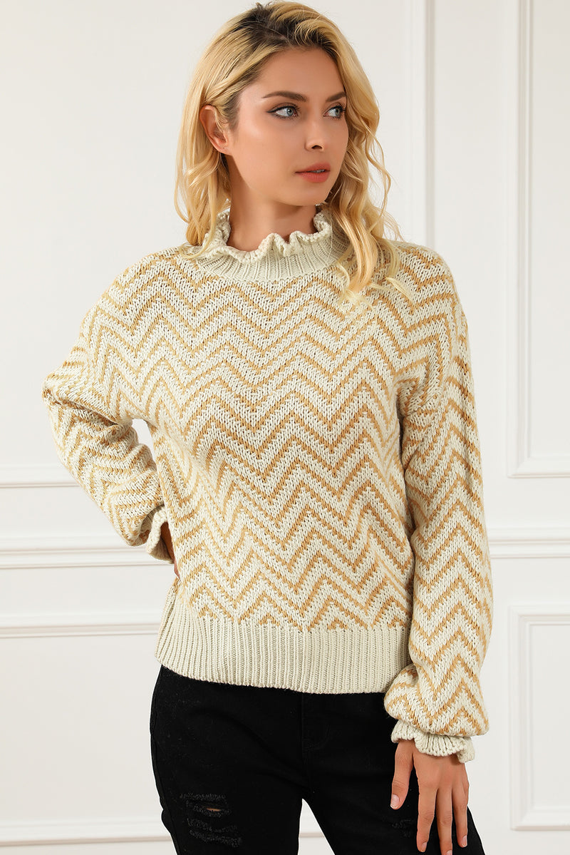 Khaki Chevron Striped High Neck Drop Shoulder Sweater