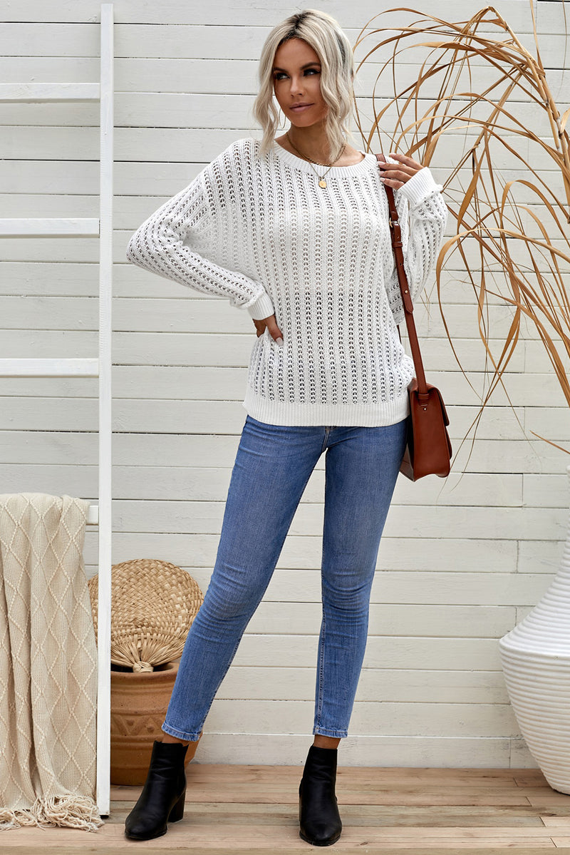 White Hollow-out Drop Shoulder Knitted Sweater