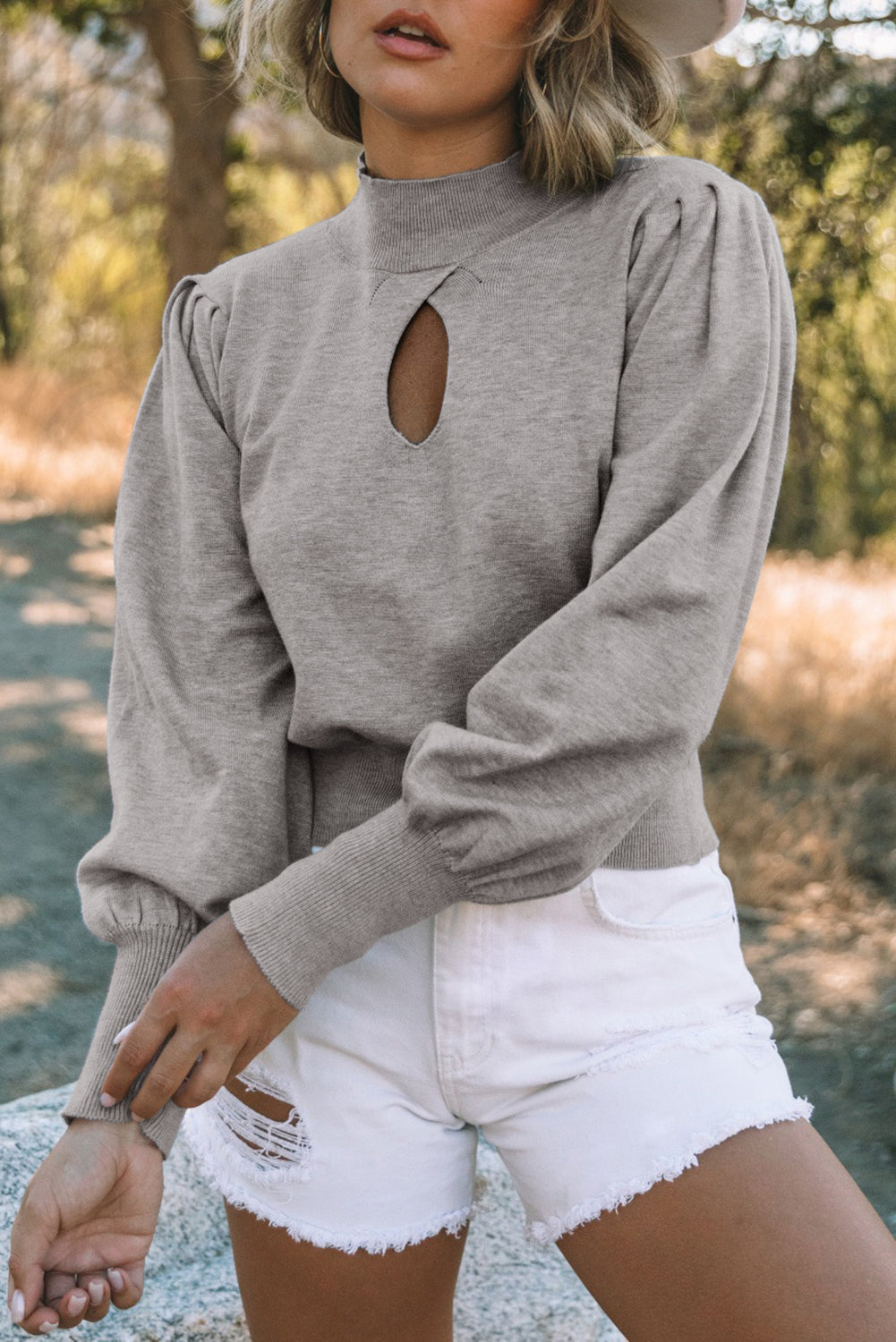 Gray Mock Neck Keyhole Sweater