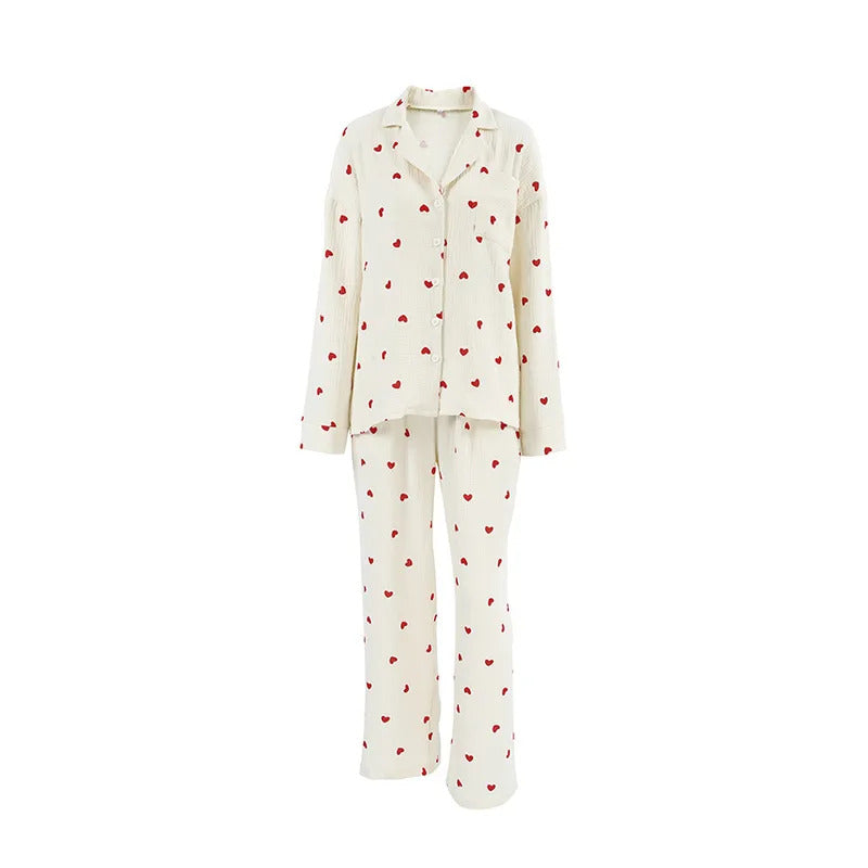 Summer New Love Heart Print Pyjama 100% Cotton Long Sleeve Set 2Pcs Outfit Lapel Sleepwear Button Down Women's Pajamas Nightwear