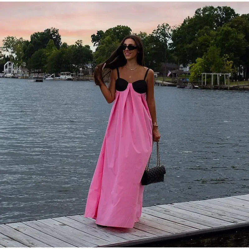 Fashion High Waist Patchwork Loose Sling Robes Women Backless Sleeveless Maxi Dress Fashion Casual Vacation Party Long Dresses