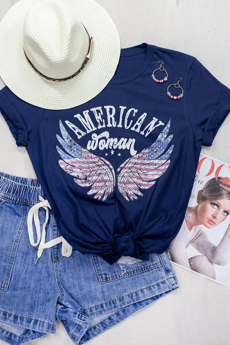 Blue American Woman Flag Eagle Wing Graphic Tee