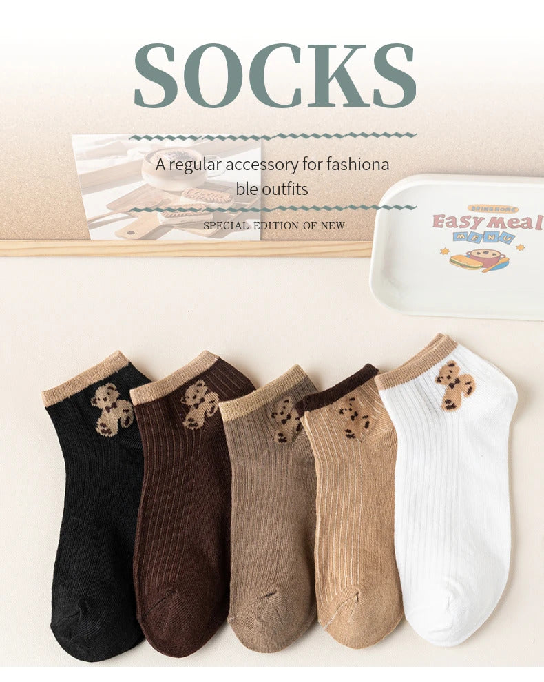 4/5/6/8 Pairs of Cute Teddy Bear Short Socks with Shallow Mouthed Spring and Summer Casual Matching Short Tube Boat Socks