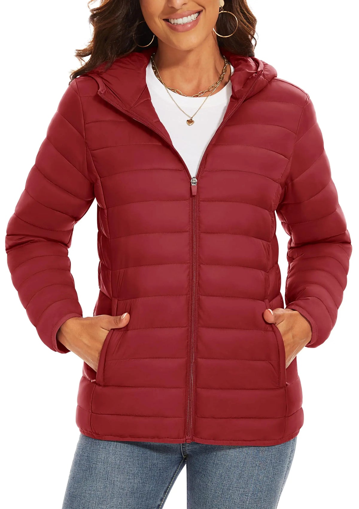 TACVASEN Full Zip Up Hooded Puffer Jacket Womens Winter Quilted Warm Coats Casual Windbreaker Padded Lightweight Outdoor Outwear