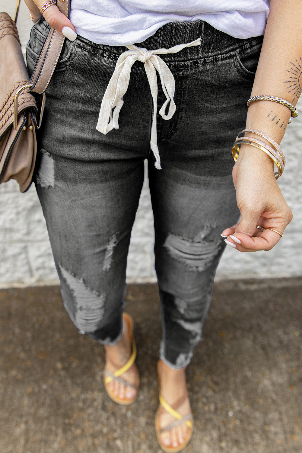 Gray Drawstring Elastic Waist Hole Ripped Jeans