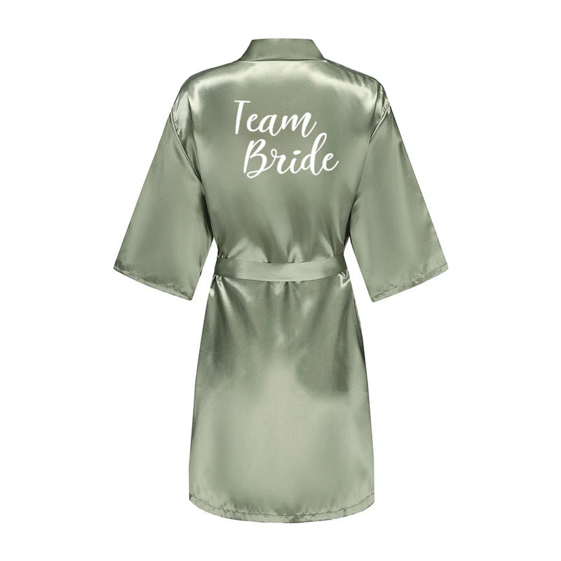 Grass Green Women's White Letter Bride Bridesmaid Short Satin Robes for Wedding Party Getting Ready