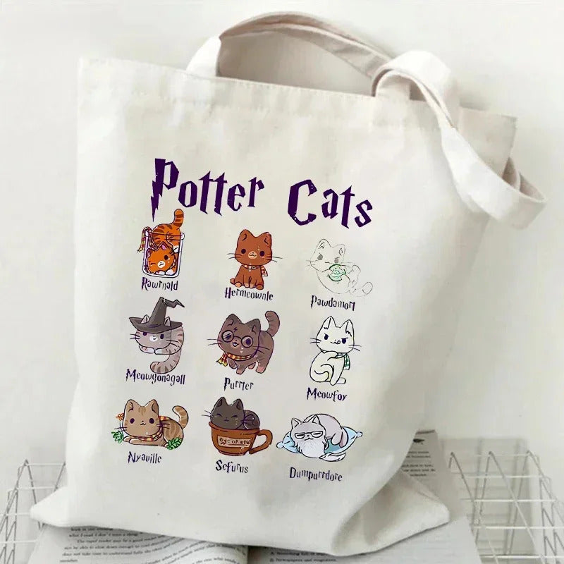 Canvas Tote Bag for Women Potter Cats Handbag Harajuku Animal Shopper Bags Cartoon Cat  Aesthetic Tote Bag Female Shoulder Bag