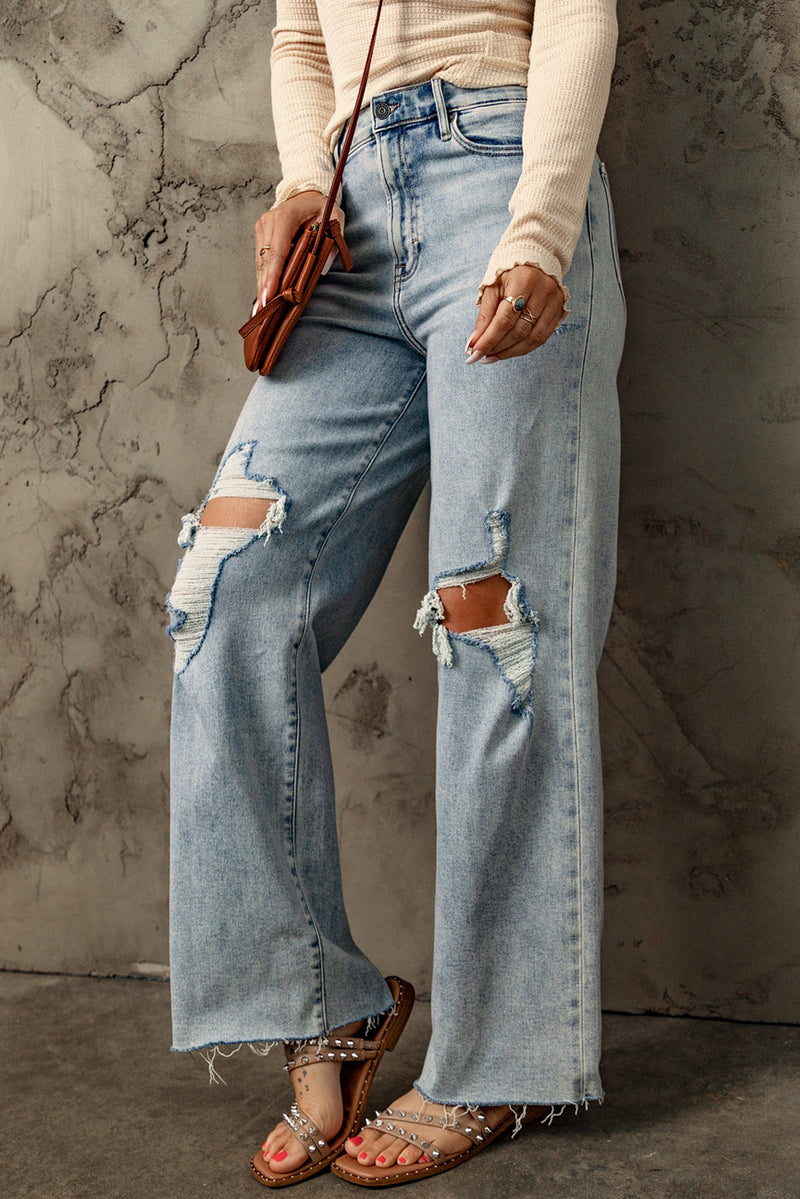 Sky Blue Distressed Frayed Hem Holed Straight Leg Loose Jeans