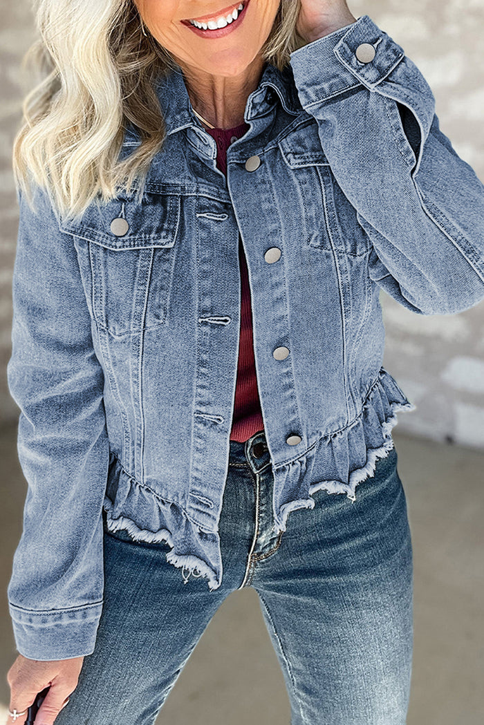 Beau Blue Ruffle Raw Hem Flap Pockets Denim Jacket