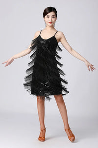 Women Sexy Tassel  Latin Dress Tiered Fringe Flapper Dress Evening Nightclub Dancing Fancy Costumes C-Neck Sequin Dress