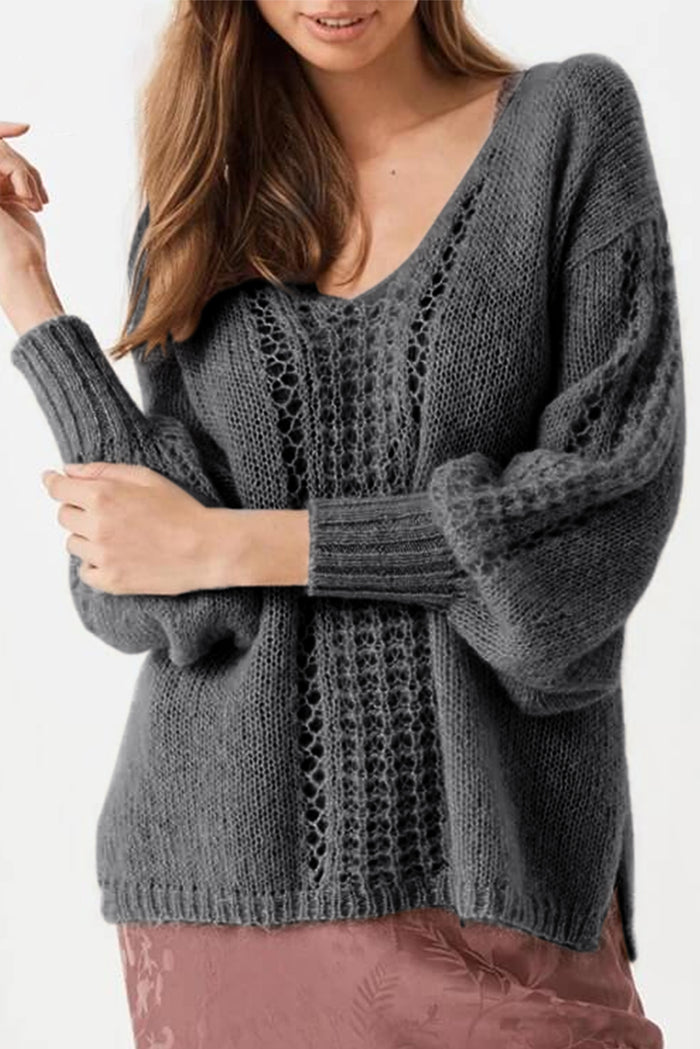 Gray Crochet V Neck Slits Loose Fit Sweater