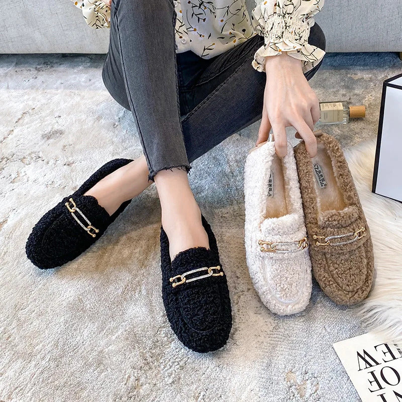 Luxury Sheep Fur Lined Loafers Women Lambswool Shoes Ladies Winter Slip On Furry Flats Cotton Wool Mocasine Femme Barefoot Boots