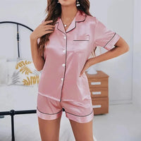 Plus Size Summer Silk Satin Women's Pajamas Set Button down Top & Shorts 2 Pieces Sleepwear V-Neck Nightwear Loungewear Ladies