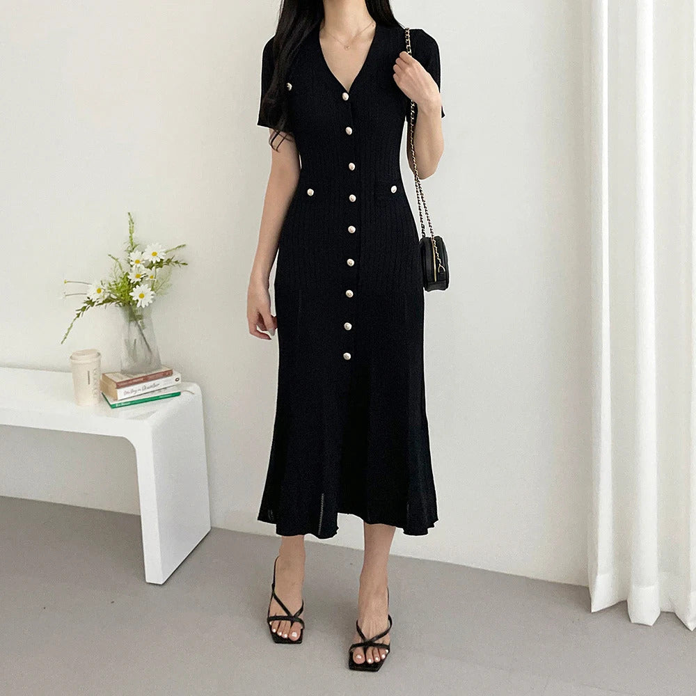 Summer Midi Dress Women Knitted Black Bodycon Korea Style Ruffle Ladies Dresses Elegant Fashion Casual Woman Dress 2024