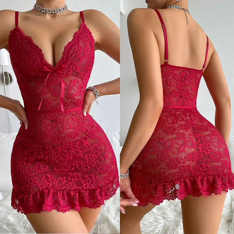 Women Mini Dress Sleeveless Backless Porno Pajamas Floral Lace Erotic Nightwears+Thongs Sexy Short Transparent Dresses