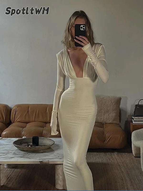 Solid Silk Pleated Long Sleeve Slim Maxi Dress Women Sexy Deep V Neck Slim Hollow Out Gown Fashion Elegant Party Vestidos 2024