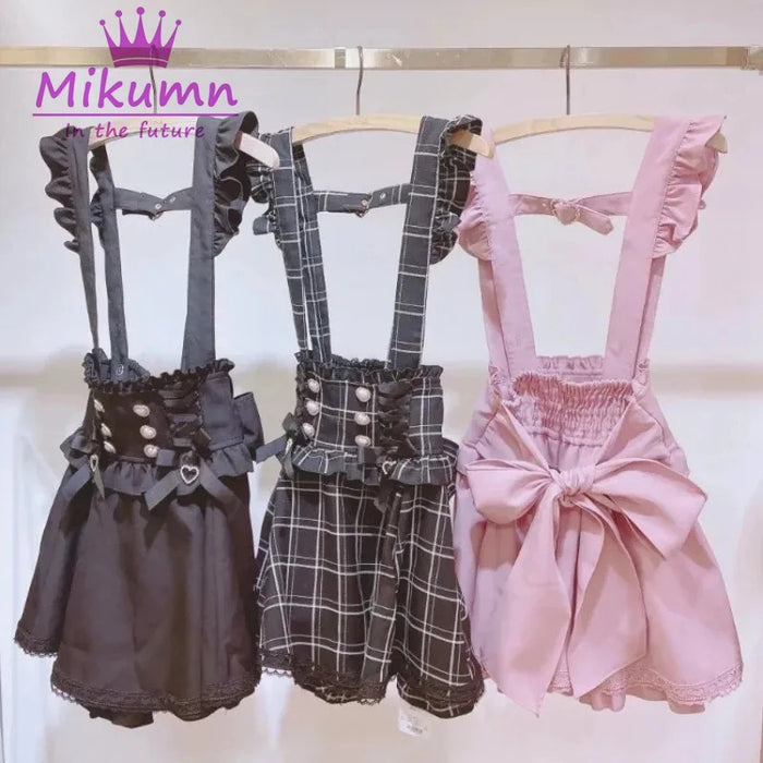 Mikumn Gothic Lolita Retro Bow Pearl Buckle Ruffles Suspender Skirts Y2k Japanese Girls Sweet Kawaii Lace A-Line Mini Skirts