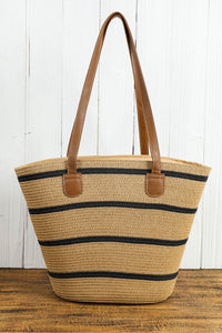 Black Straw Woven Striped Vacation One Shoulder Bag