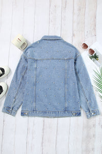 Mist Blue Rhinestones Studded Denim Jacket