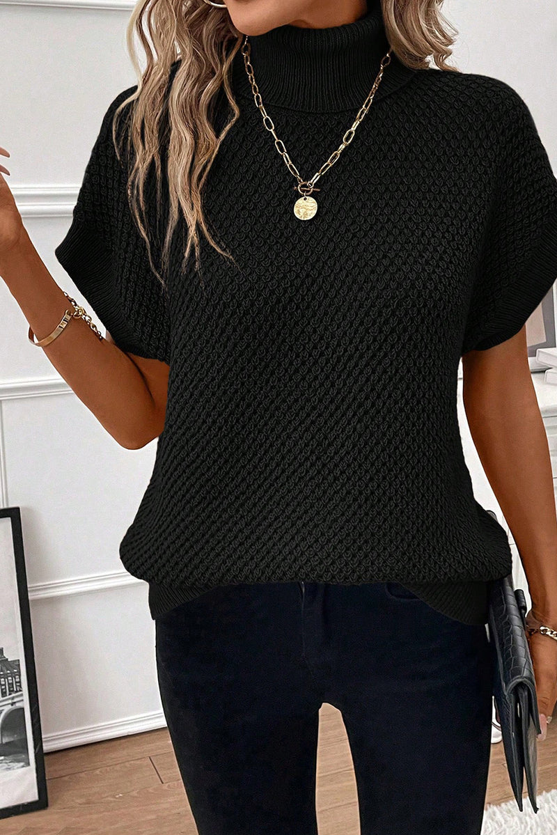 Black Turtleneck Textured Short Sleeve Sweater