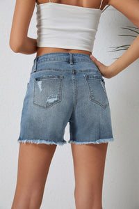 Sky Blue Raw Hem High Waist Denim Shorts