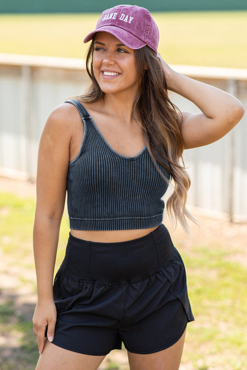 Carbon Grey Mineral Wash V-Neck Ribbed Crop Top