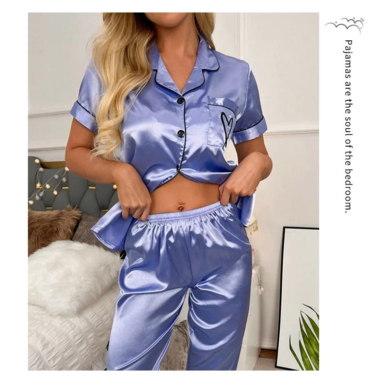 Women's Pajama Pocket Heart Embroidered Pajama Set Satin Comfortable Short Sleeve Button Pajama Lounge Pant For Women Sleepwear