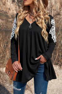 Zip V Neck Lace Patch Long Sleeve Tunic Top