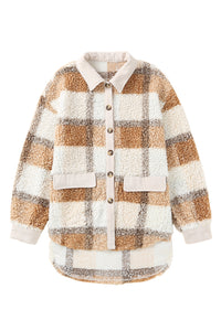 Brown Plaid Pocketed Teddy Jacket