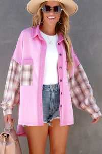 Black Plaid Patchwork Chest Pockets Oversized Shirt Jacket