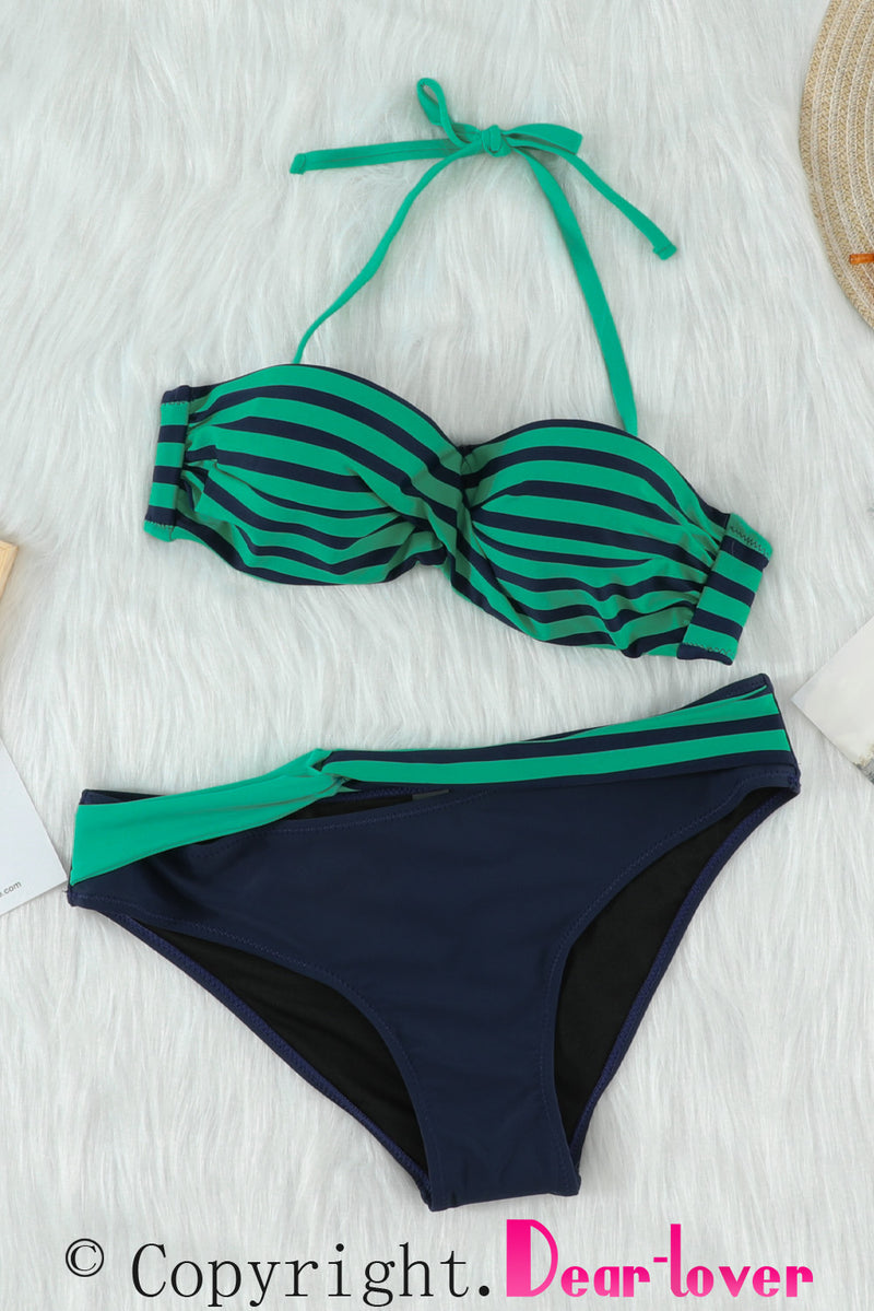 Green Halter Bandeau Striped Bikini