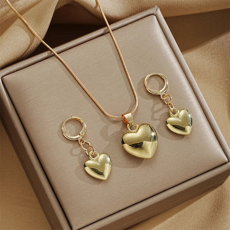 Glossy Gold Plated Metal Love Heart Dangle Earrings Necklace Jewelry Set for Women Simple Dainty Daily Wear Outfit Accessories