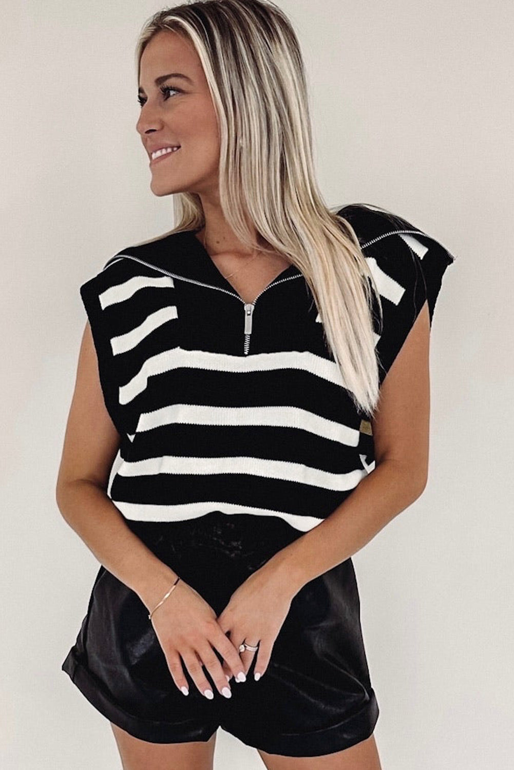 Black Stripe Zipped Collar Knit Sweater Tank