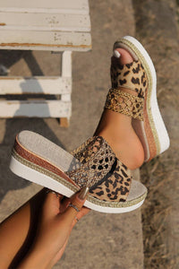 Chestnut Leopard/Floral Print Braided Details Wedge Slippers