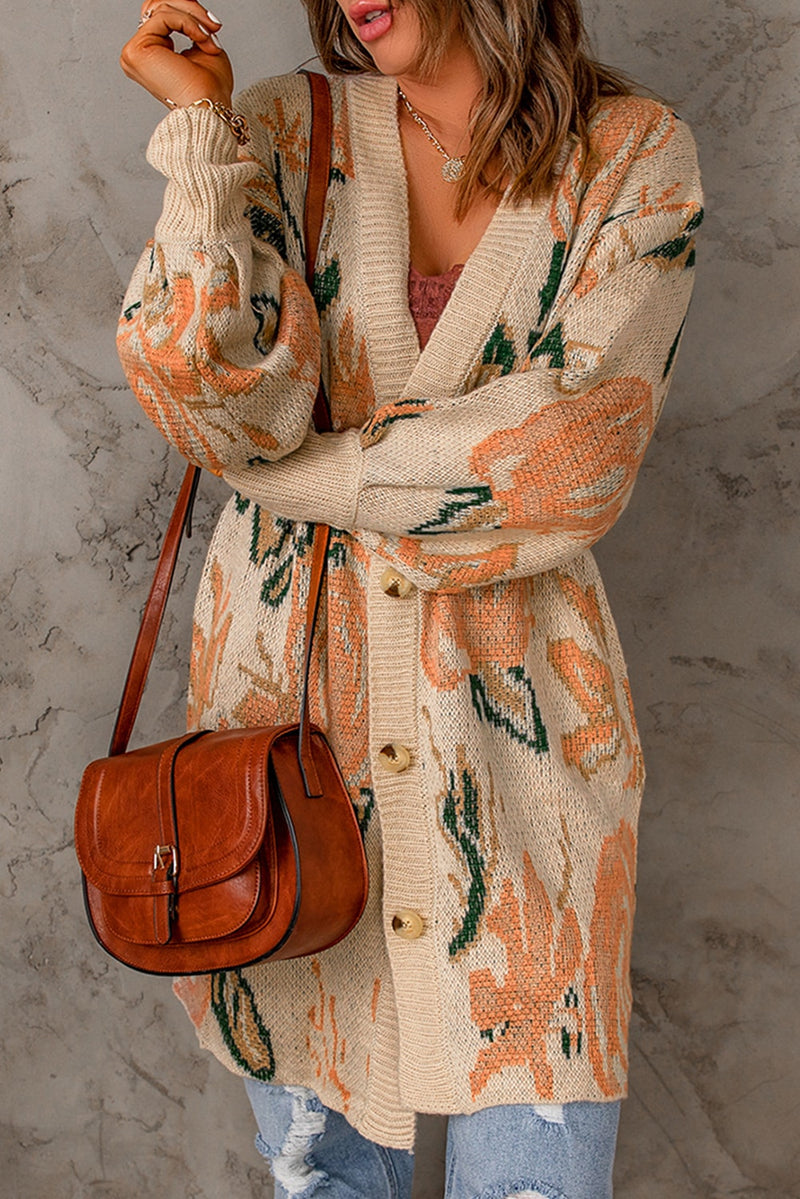 Apricot Abstract Floral Knit Button Down Long Cardigan