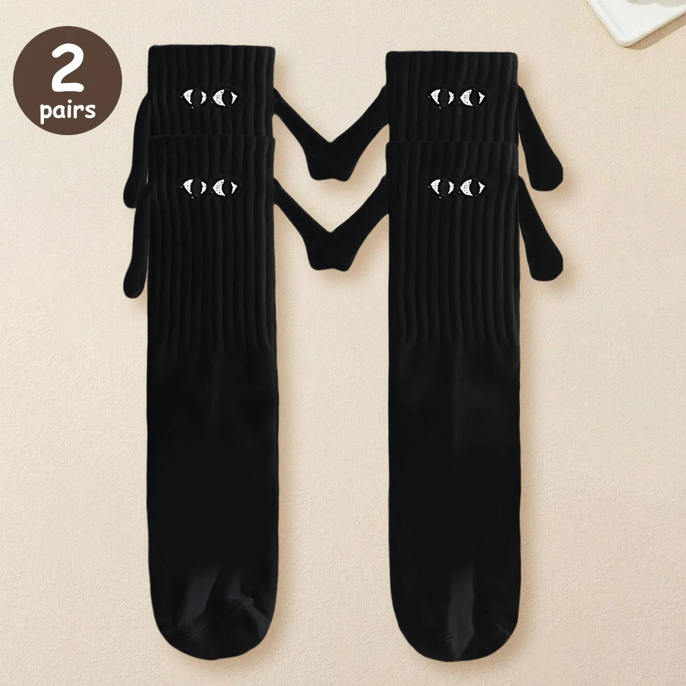 2/4/6/10 Pairs Magnetic Socks With Hands Women Men Fashion Black White Funny Cute Cartoon Eyes Couple Mid Tube Socks For Gifts