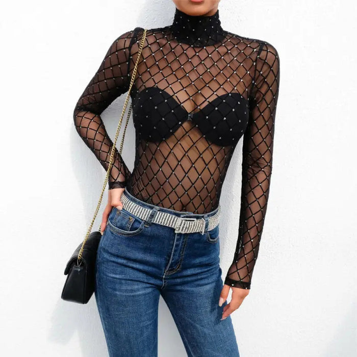 Women Mesh Net Fishnet Bodysuit Slim Long Sleeve Leotard Jumpsuit Tops Beachwear Beading Prespective Mesh Fishnet Cover Up