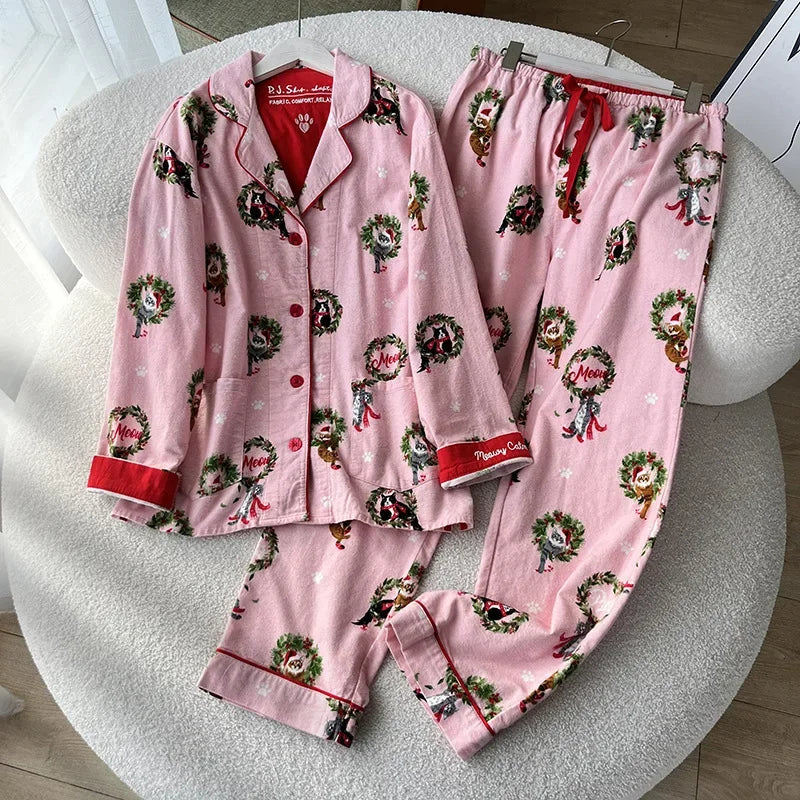 100% Cotton Pajamas for Women Loose Cartoon Long Sleeve Pants Loungewear Women 2 Piece Set Pj Women Outfit Sleepwear Set Pijamas