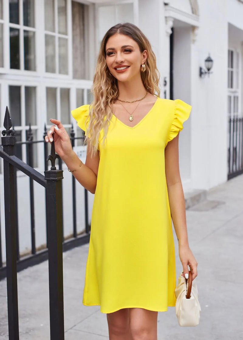 Summer Women's New Product V-neck Bubble Sleeves Loose Fashion Dress Female Yellow Solid A-Line Mini Dress Femme Robe Streetwear