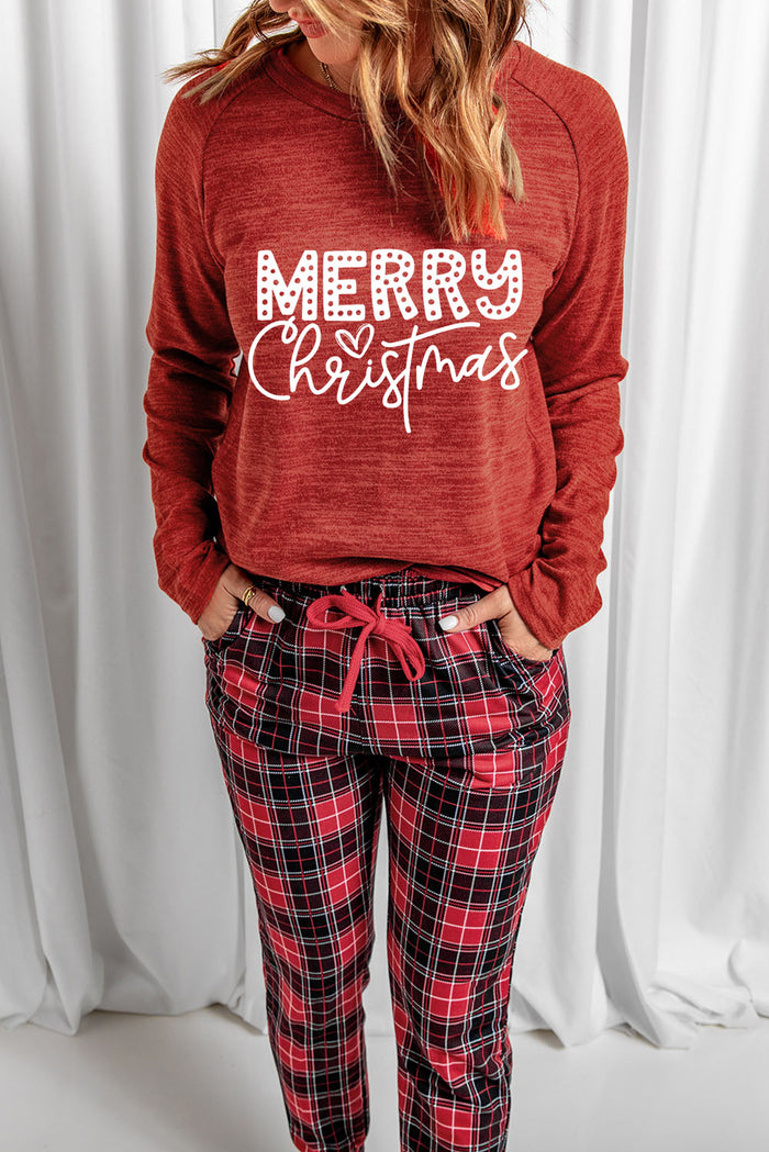 Fiery Red MERRY Christmas Graphic Top Plaid Pants Set