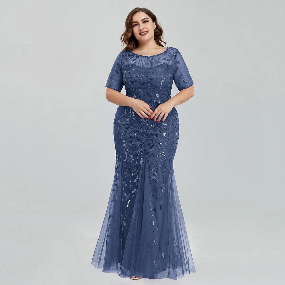 Women Plus Size Sequin Mesh Embroidery Mermaid  Evening Dress Formal Short Sleeve Elegant Party Prom Gowns 2020 New Long Dress