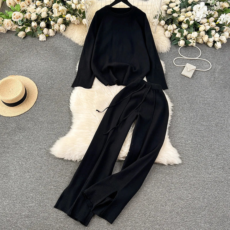 HELIAR Women Knitted Loose 2 Piece Sets Long Sleeve O-Neck Sweater and Wide Leg Pants Outfit Casual Office Set Autumn Winter