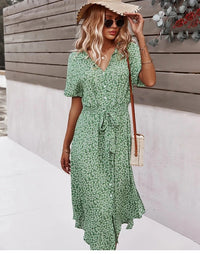 Summer Women Floral Print Dress Casual Short Sleeve Button Holiday Midi Dresses Female V-Neck Beach Boho Chic Dress Elegant Robe