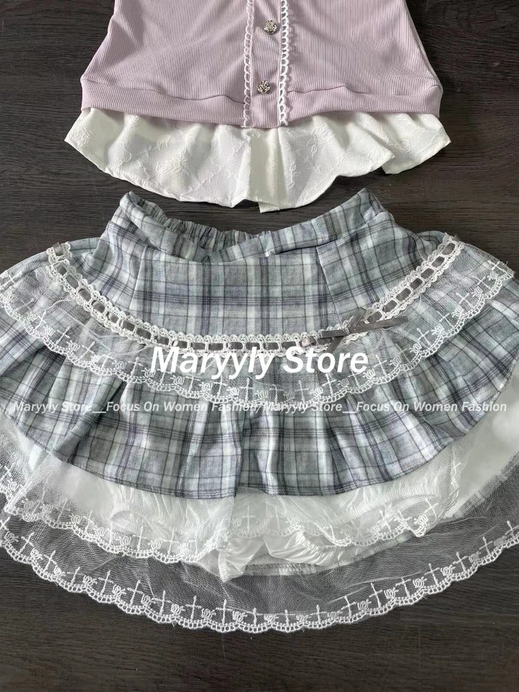 Japanese Sweet Preppy Style Skirt Set Women Kawaii Lace Patchwork Bow Tops + Y2k Plaid Mini Skirt Elegant Outifits 2 Piece Set