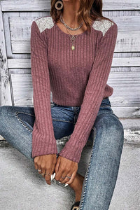 Pink Ribbed Knit Lace Patch Shoulder Casual Sweater